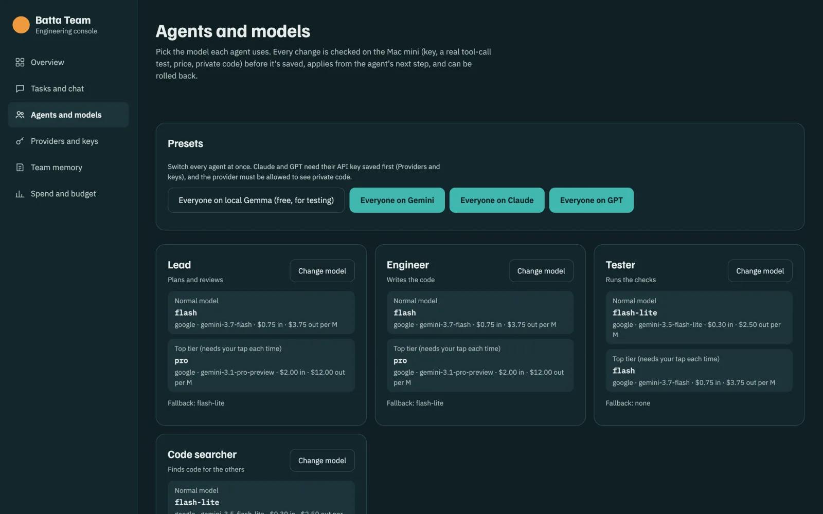 Agents and models: presets for local Gemma, Gemini, Claude and GPT, and a card per agent with its normal model, top tier and fallback