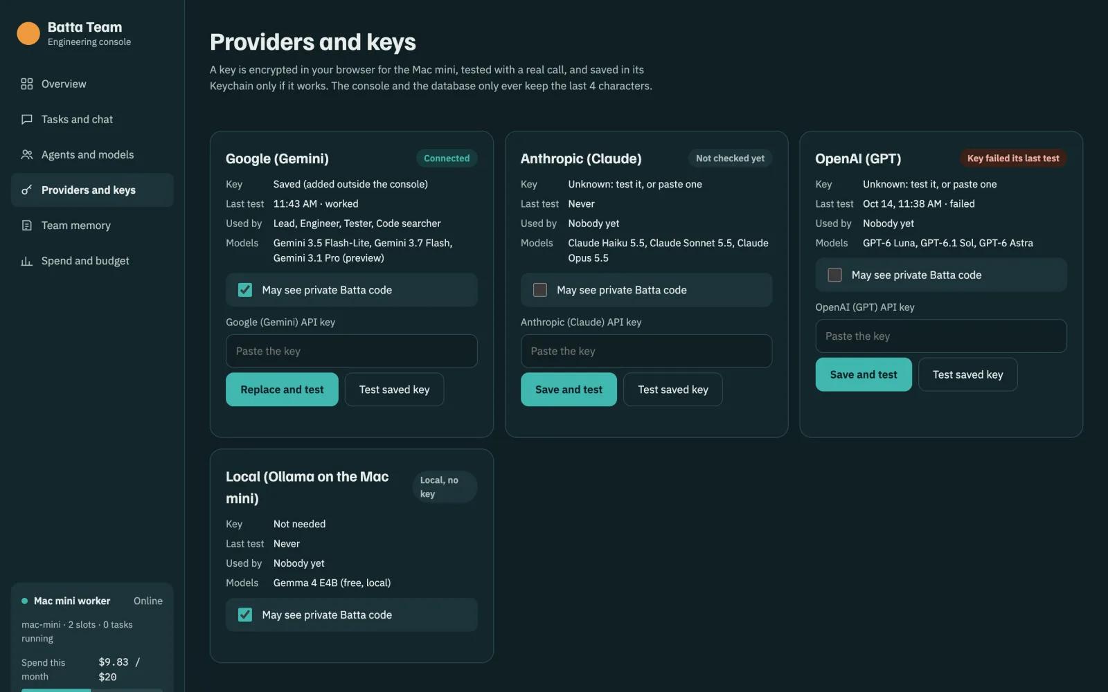 Providers and keys: Gemini connected, Claude and GPT with key forms, local Ollama; keys are encrypted in the browser and only the last 4 characters are kept