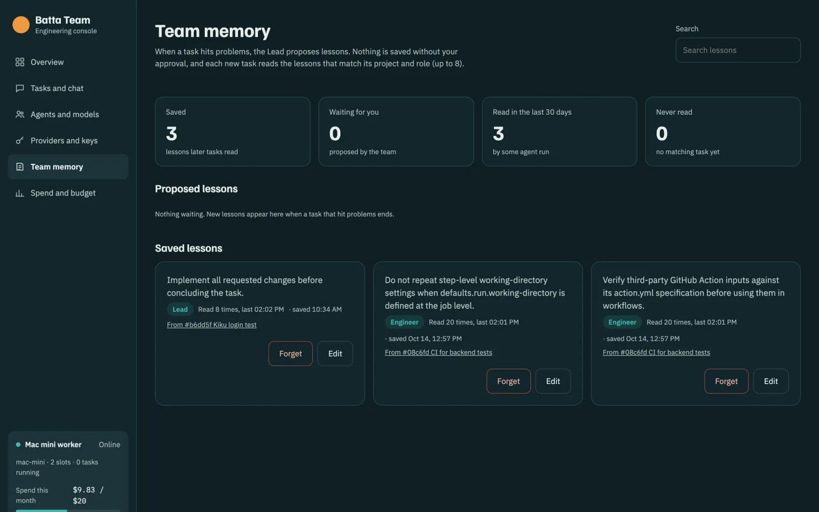 Team memory: three saved lessons with the role, how often they were read and the task they came from