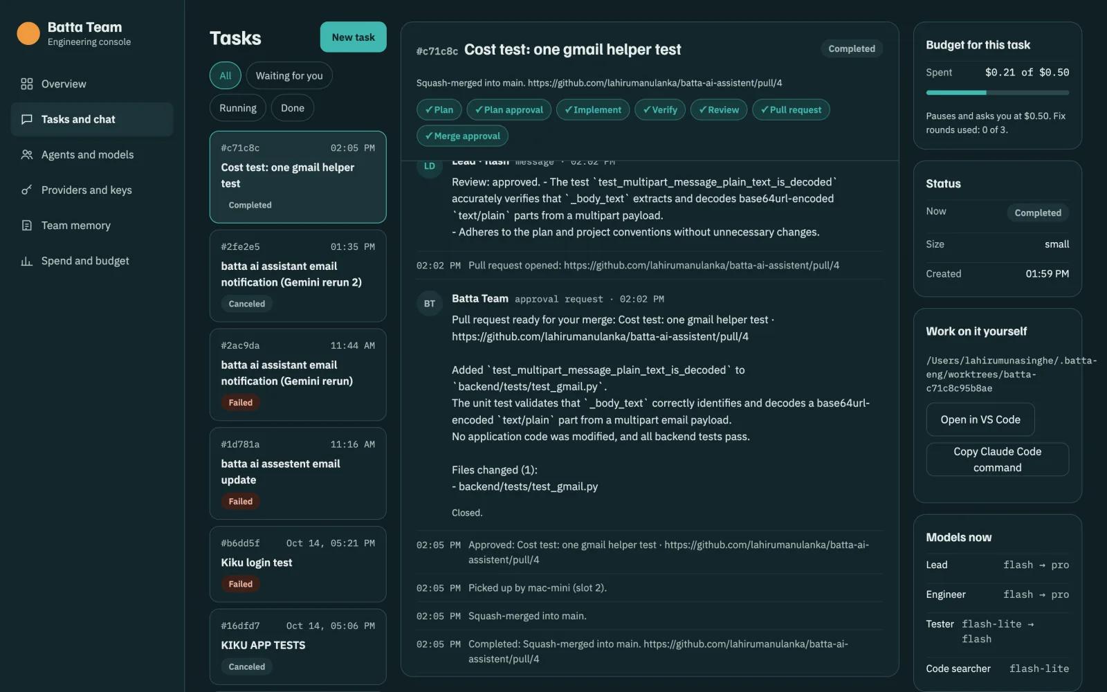 Task thread: plan, approvals, implement, verify, review and pull request steps all done, the Lead's review, the merge card, budget and models for the task