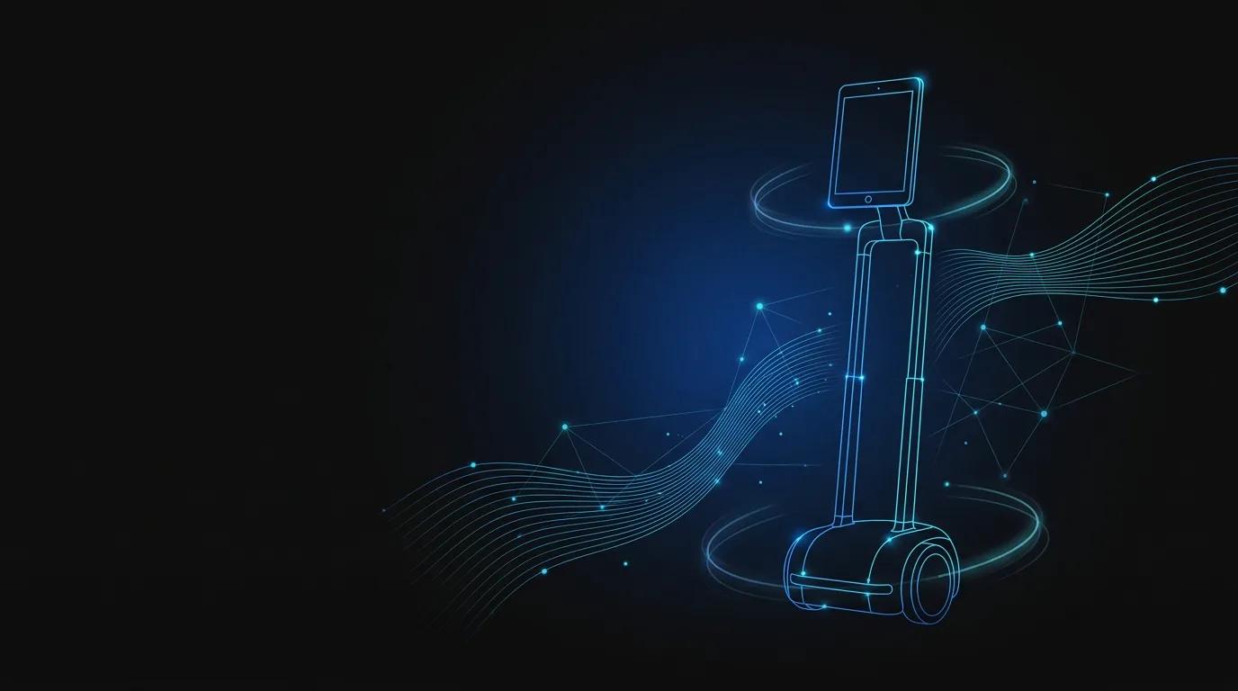 Wireframe illustration of a telepresence robot surrounded by AI agent data streams